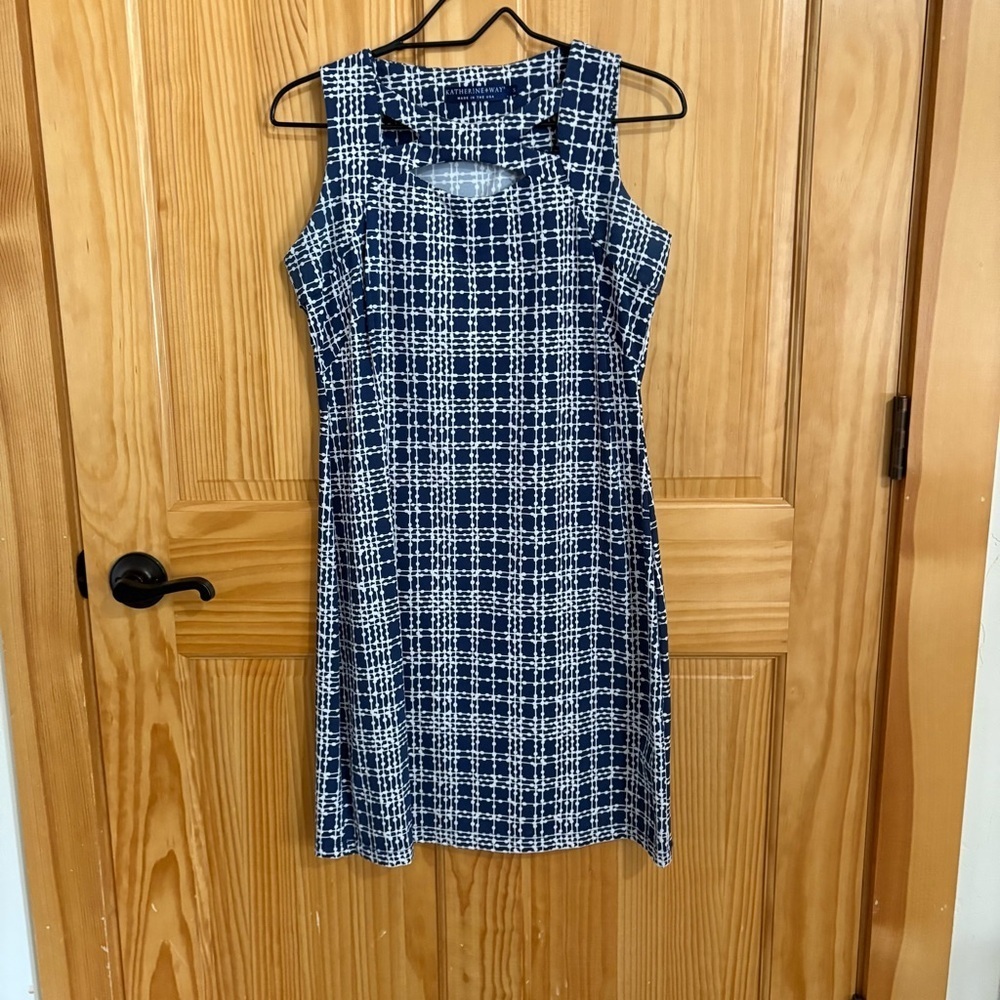 KATHERINE WAY Navy Blue and White Cut Out Dress